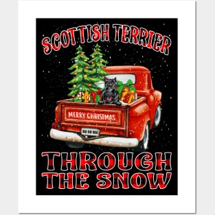 Christmas Scottish Terrier Through The Snow Dog Santa Truck Tree Posters and Art